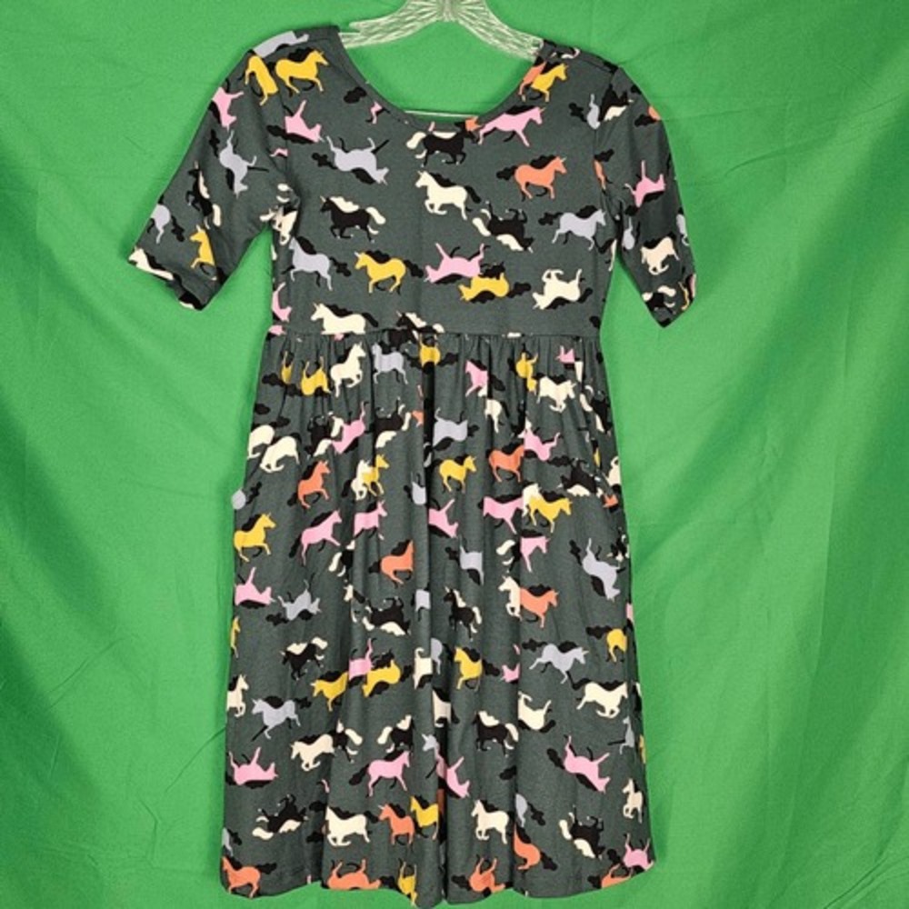 Hanna Andersson Girls Green Horse Print Equestrian Dress 150 12